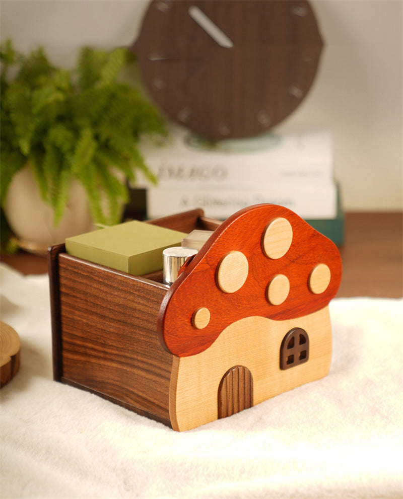 Cute Mushroom House Wooden Tissue Box, Multi‑Compartment Desktop Organizer with Open Storage Top, Whimsical Cottagecore Decor ﻿