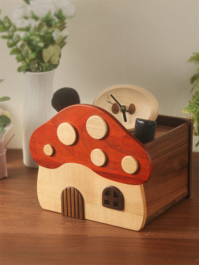 Cute Mushroom House Wooden Tissue Box, Multi‑Compartment Desktop Organizer with Open Storage Top, Whimsical Cottagecore Decor ﻿