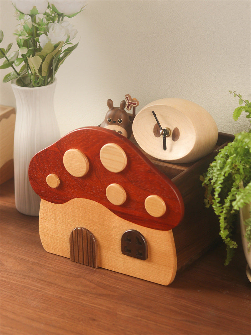 Cute Mushroom House Wooden Tissue Box, Multi‑Compartment Desktop Organizer with Open Storage Top, Whimsical Cottagecore Decor ﻿