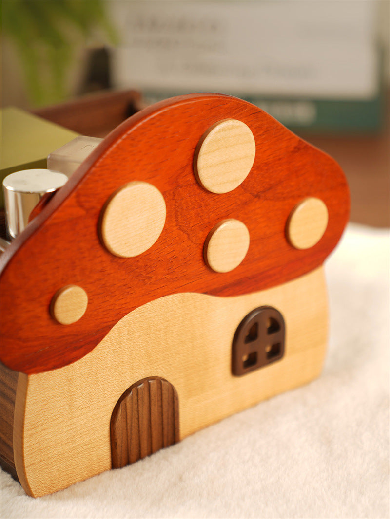 Cute Mushroom House Wooden Tissue Box, Multi‑Compartment Desktop Organizer with Open Storage Top, Whimsical Cottagecore Decor ﻿