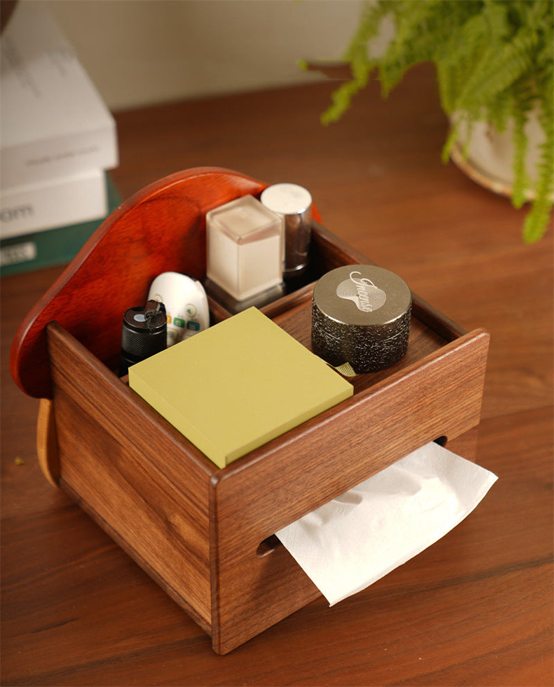Cute Mushroom House Wooden Tissue Box, Multi‑Compartment Desktop Organizer with Open Storage Top, Whimsical Cottagecore Decor ﻿