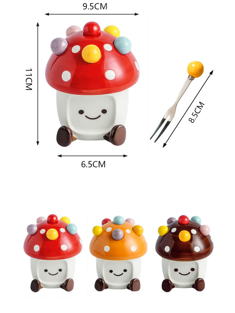 Cute Mushroom-Shaped Ceramic Storage Jar with Fruit Fork - Kitchen Decoration