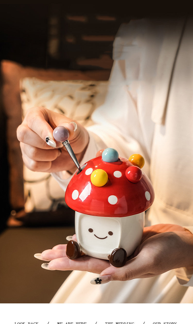 Cute Mushroom-Shaped Ceramic Storage Jar with Fruit Fork - Kitchen Decoration