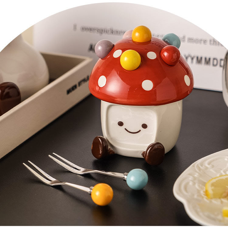 Cute Mushroom-Shaped Ceramic Storage Jar with Fruit Fork - Kitchen Decoration