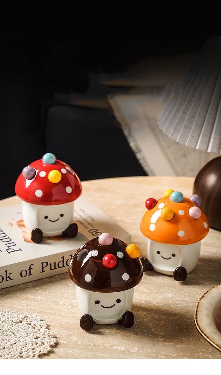 Cute Mushroom-Shaped Ceramic Storage Jar with Fruit Fork - Kitchen Decoration