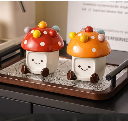 Cute Mushroom-Shaped Ceramic Storage Jar with Fruit Fork - Kitchen Decoration