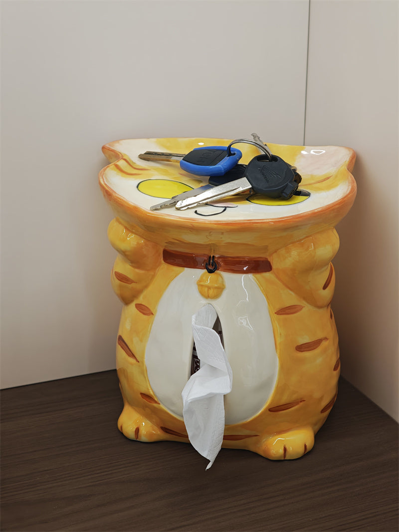 Cute Orange Tabby Cat Ceramic Tissue Box with Top Candy Tray, 2 in 1 Cartoon Kitten Napkin Dispenser & Snack Jewelry Catchall Tray