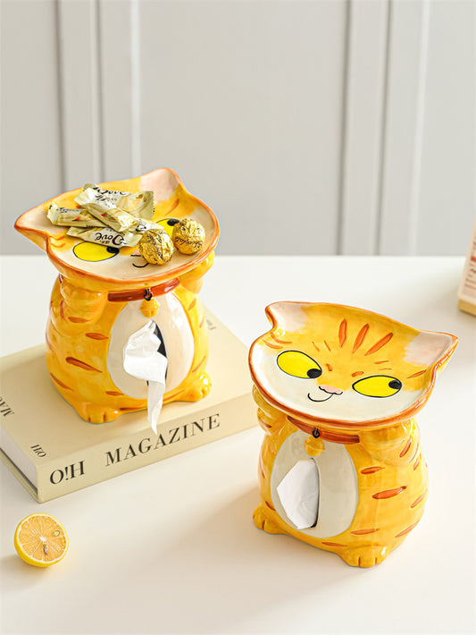 Cute Orange Tabby Cat Ceramic Tissue Box with Top Candy Tray, 2 in 1 Cartoon Kitten Napkin Dispenser & Snack Jewelry Catchall Tray