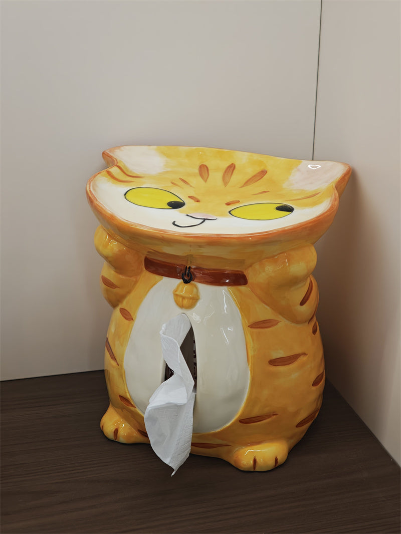 Cute Orange Tabby Cat Ceramic Tissue Box with Top Candy Tray, 2 in 1 Cartoon Kitten Napkin Dispenser & Snack Jewelry Catchall Tray