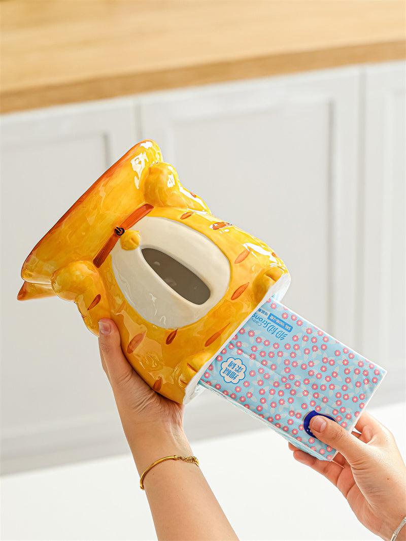 Cute Orange Tabby Cat Ceramic Tissue Box with Top Candy Tray, 2 in 1 Cartoon Kitten Napkin Dispenser & Snack Jewelry Catchall Tray