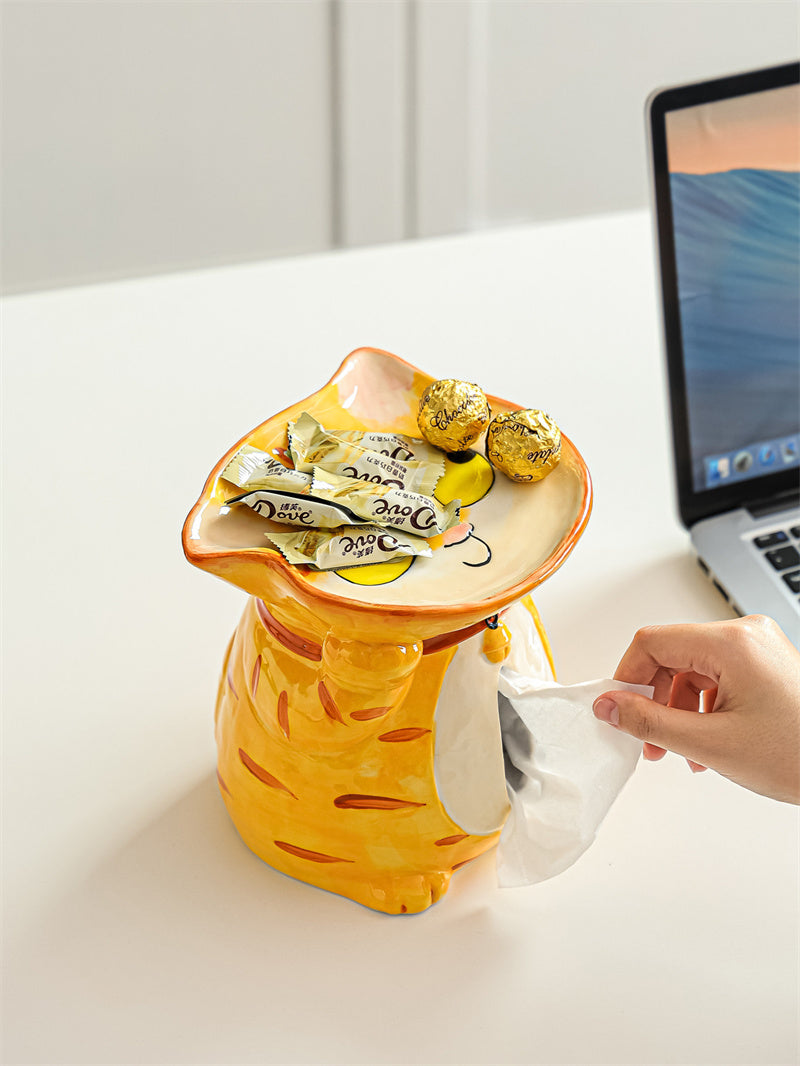 Cute Orange Tabby Cat Ceramic Tissue Box with Top Candy Tray, 2 in 1 Cartoon Kitten Napkin Dispenser & Snack Jewelry Catchall Tray