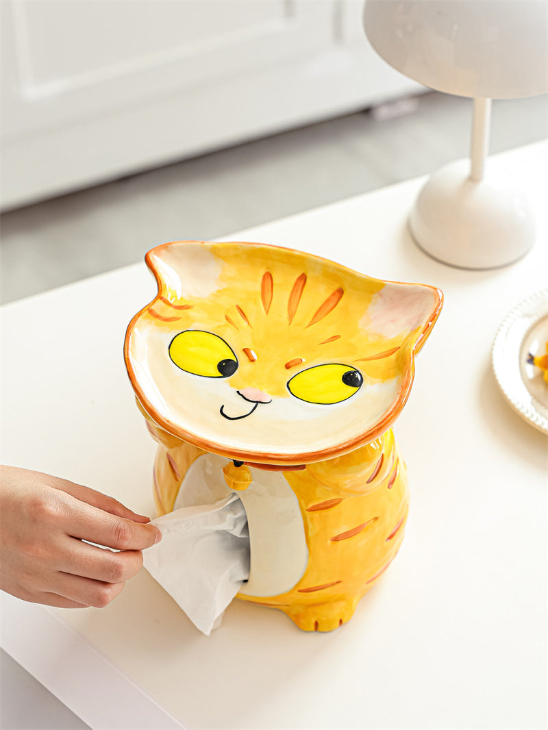 Cute Orange Tabby Cat Ceramic Tissue Box with Top Candy Tray, 2 in 1 Cartoon Kitten Napkin Dispenser & Snack Jewelry Catchall Tray