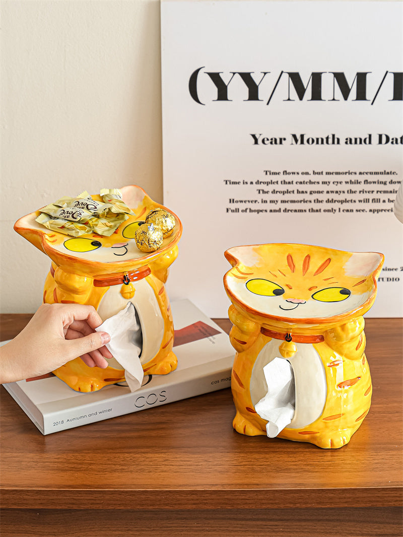 Cute Orange Tabby Cat Ceramic Tissue Box with Top Candy Tray, 2 in 1 Cartoon Kitten Napkin Dispenser & Snack Jewelry Catchall Tray