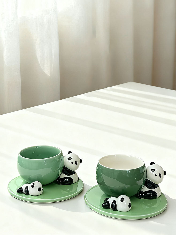 Cute Panda Decor Green Ceramic Cup & Saucer Set - Adorable Animal-Themed Coffee/Tea Mugs for Home & Gifting