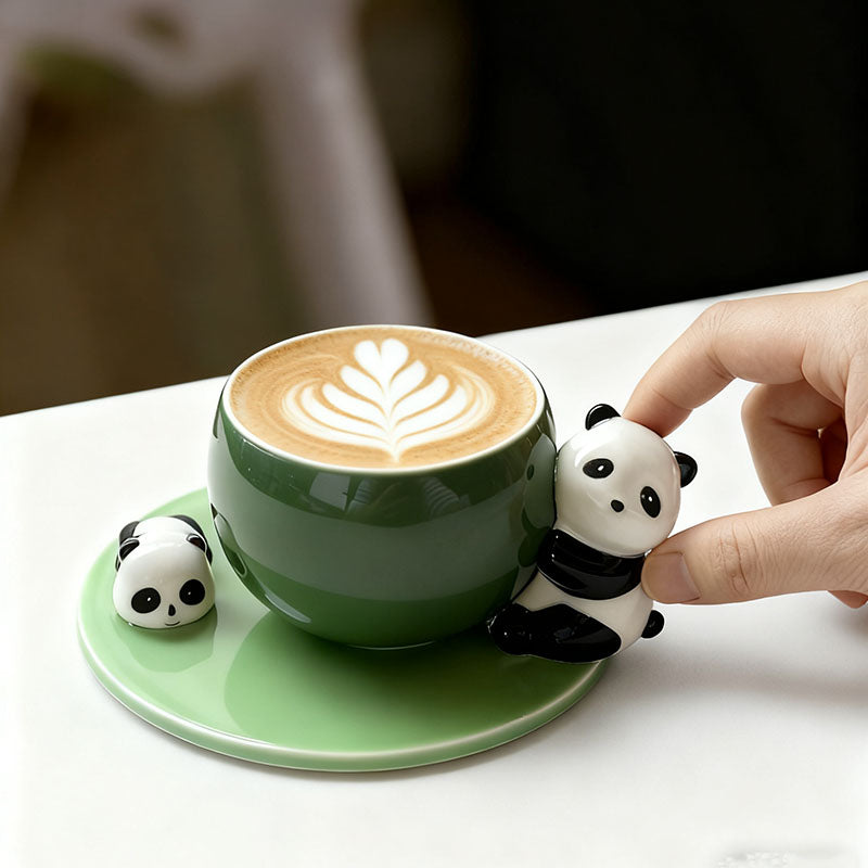 Cute Panda Decor Green Ceramic Cup & Saucer Set - Adorable Animal-Themed Coffee/Tea Mugs for Home & Gifting