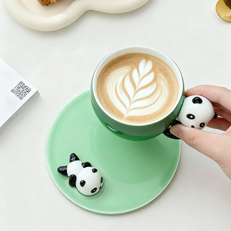 Cute Panda Decor Green Ceramic Cup & Saucer Set - Adorable Animal-Themed Coffee/Tea Mugs for Home & Gifting