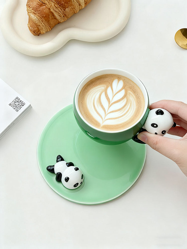 Cute Panda Decor Green Ceramic Cup & Saucer Set - Adorable Animal-Themed Coffee/Tea Mugs for Home & Gifting