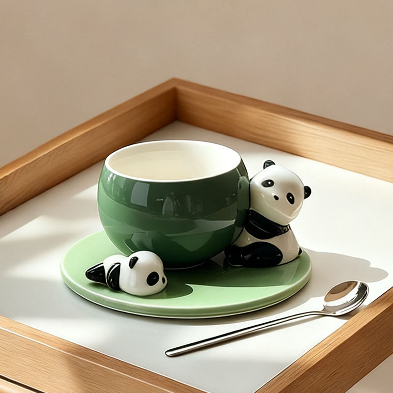 Cute Panda Decor Green Ceramic Cup & Saucer Set - Adorable Animal-Themed Coffee/Tea Mugs for Home & Gifting