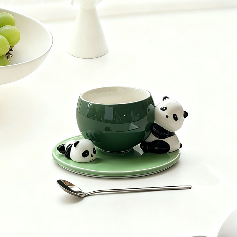Cute Panda Decor Green Ceramic Cup & Saucer Set - Adorable Animal-Themed Coffee/Tea Mugs for Home & Gifting
