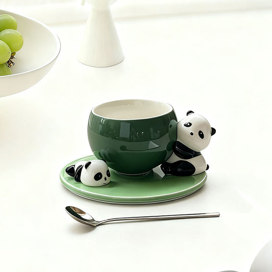 Cute Panda Decor Green Ceramic Cup & Saucer Set - Adorable Animal-Themed Coffee/Tea Mugs for Home & Gifting