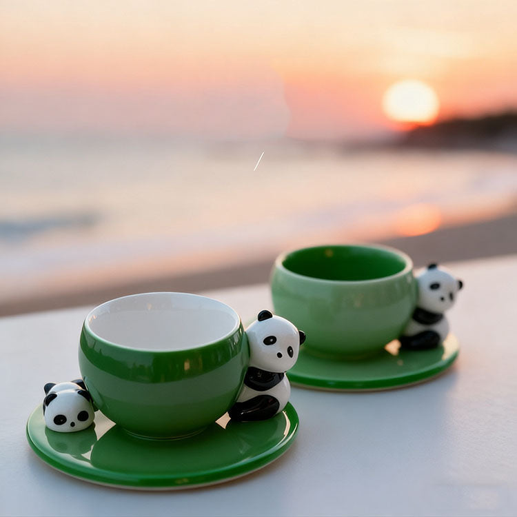 Cute Panda Decor Green Ceramic Cup & Saucer Set - Adorable Animal-Themed Coffee/Tea Mugs for Home & Gifting