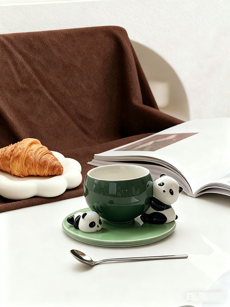 Cute Panda Decor Green Ceramic Cup & Saucer Set - Adorable Animal-Themed Coffee/Tea Mugs for Home & Gifting