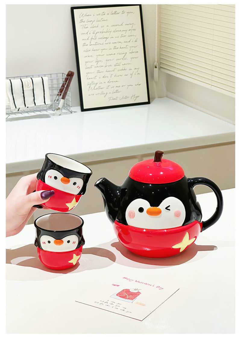 Cute Penguin Ceramic Coffee Pot Set, Kawaii 3D Cartoon Animal Teapot and Tea Cups, Unique Gift for Coffee Lovers