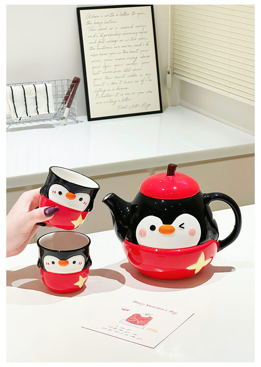 Cute Penguin Ceramic Coffee Pot Set, Kawaii 3D Cartoon Animal Teapot and Tea Cups, Unique Gift for Coffee Lovers