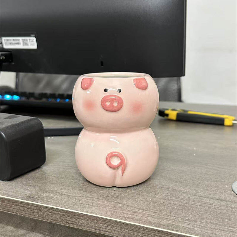 Cute Pig-Shaped Ceramic Pen Holder & Multi-Functional Vase,Desktop organization