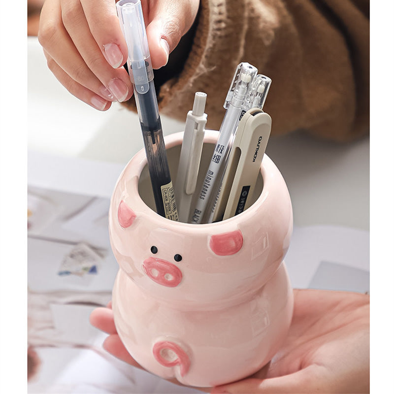 Cute Pig-Shaped Ceramic Pen Holder & Multi-Functional Vase,Desktop organization