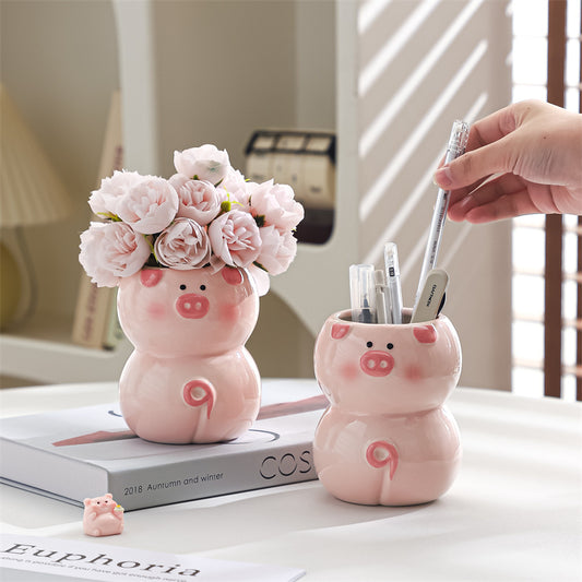 Cute Pig-Shaped Ceramic Pen Holder & Multi-Functional Vase,Desktop organization
