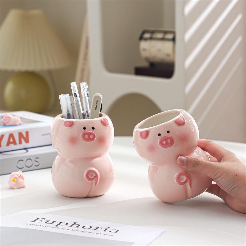 Cute Pig-Shaped Ceramic Pen Holder & Multi-Functional Vase,Desktop organization