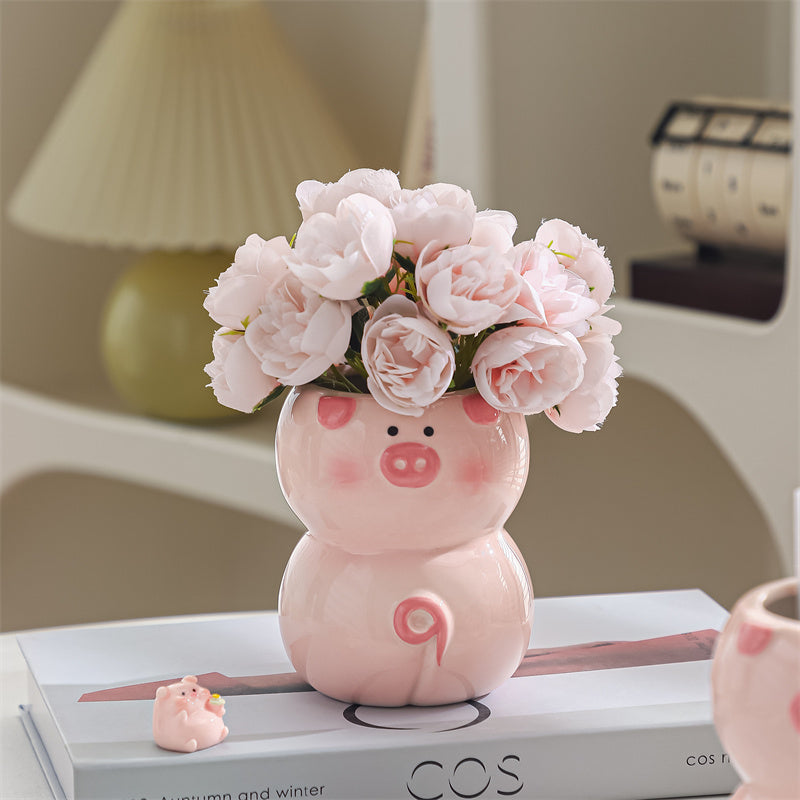 Cute Pig-Shaped Ceramic Pen Holder & Multi-Functional Vase,Desktop organization