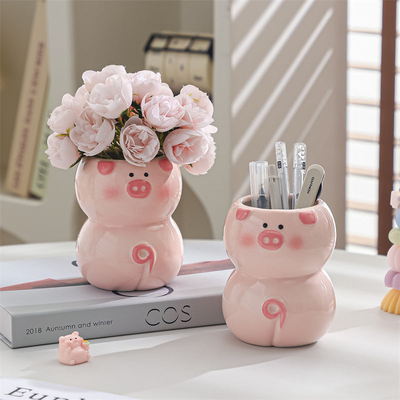 Cute Pig-Shaped Ceramic Pen Holder & Multi-Functional Vase,Desktop organization