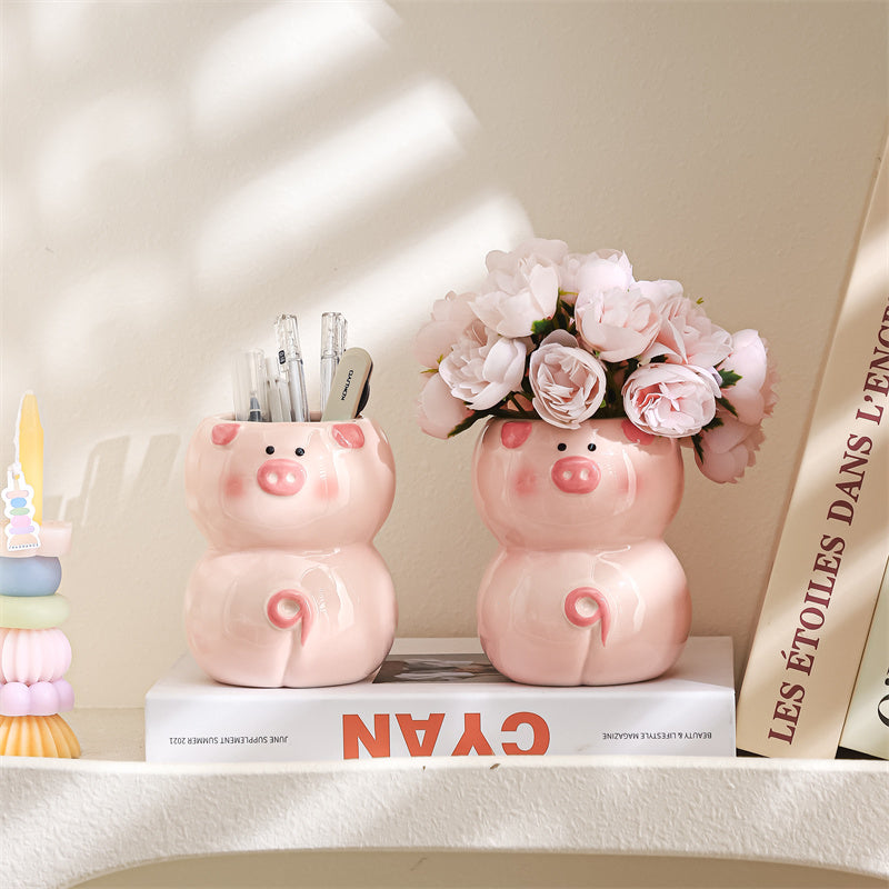Cute Pig-Shaped Ceramic Pen Holder & Multi-Functional Vase,Desktop organization