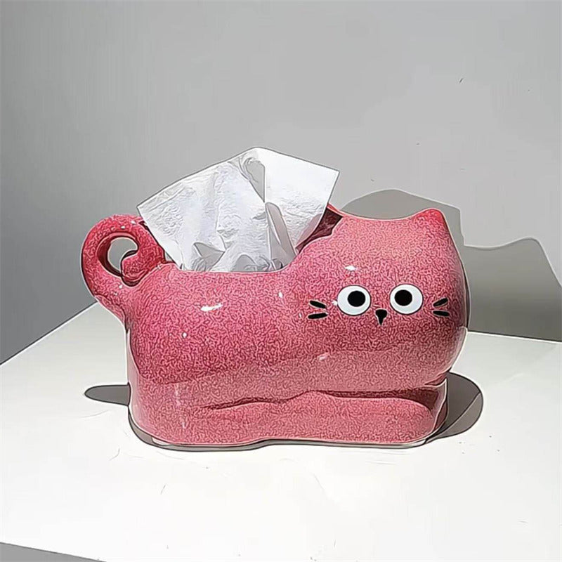Cute Pink Cartoon Cat Ceramic Tissue Box Cover, Curly Glaze Kitty Napkin Dispenser, 3D Wavy Tail Cat Tissue Holder