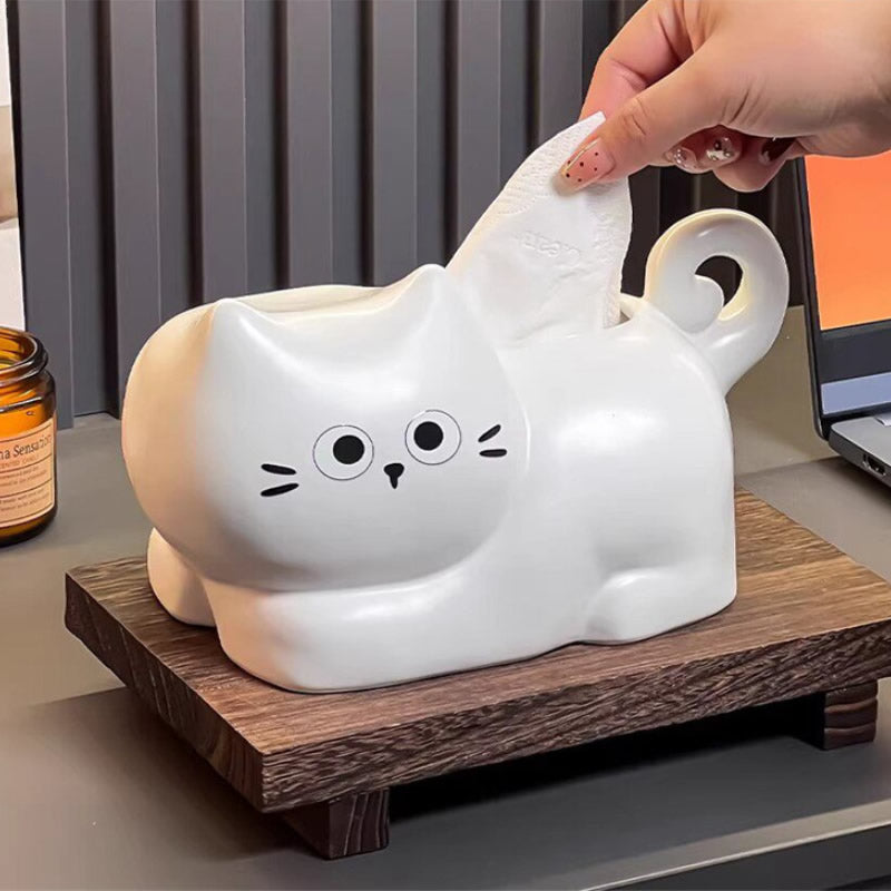 Cute Pink Cartoon Cat Ceramic Tissue Box Cover, Curly Glaze Kitty Napkin Dispenser, 3D Wavy Tail Cat Tissue Holder