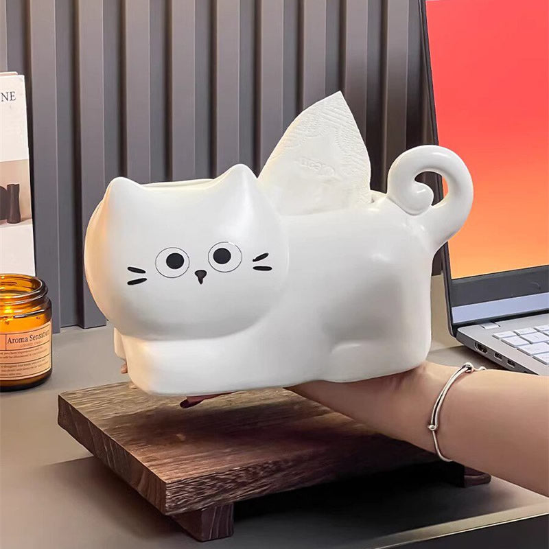 Cute Pink Cartoon Cat Ceramic Tissue Box Cover, Curly Glaze Kitty Napkin Dispenser, 3D Wavy Tail Cat Tissue Holder