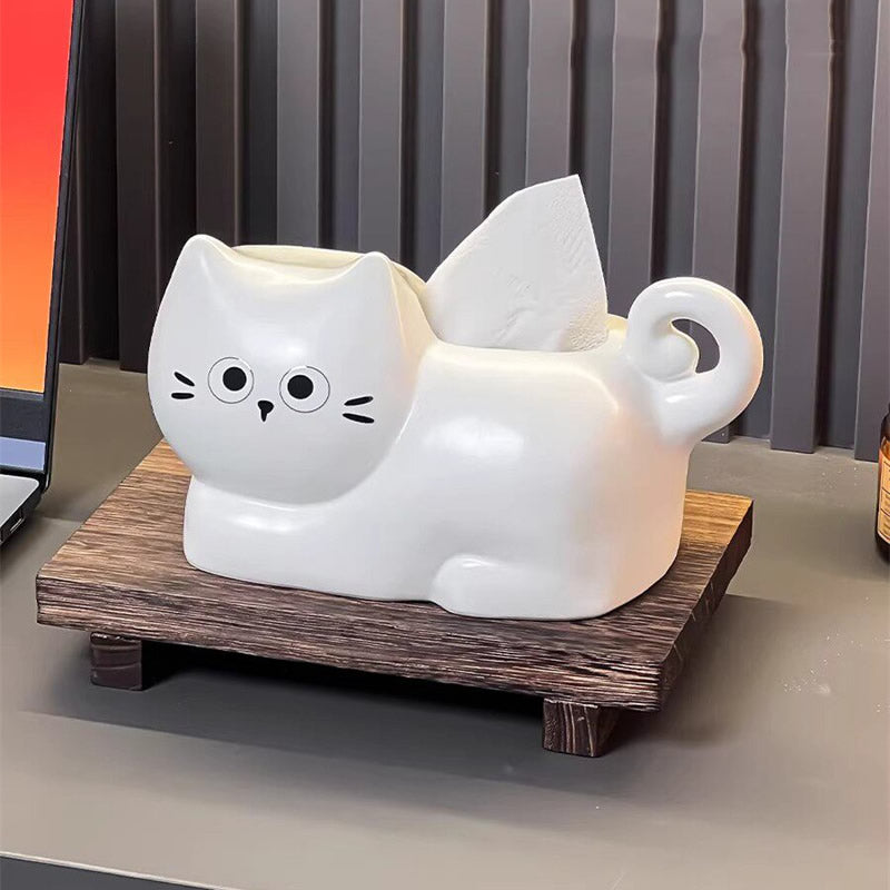 Cute Pink Cartoon Cat Ceramic Tissue Box Cover, Curly Glaze Kitty Napkin Dispenser, 3D Wavy Tail Cat Tissue Holder