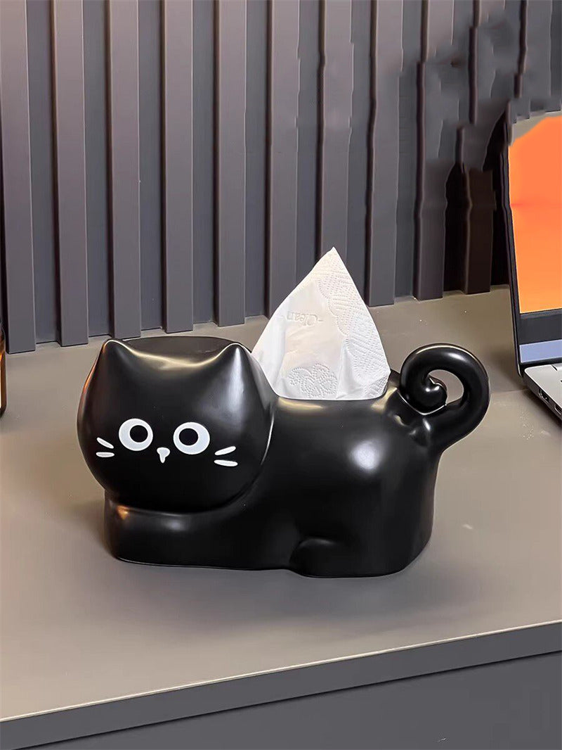 Cute Pink Cartoon Cat Ceramic Tissue Box Cover, Curly Glaze Kitty Napkin Dispenser, 3D Wavy Tail Cat Tissue Holder