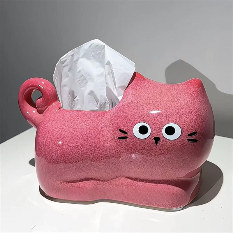 Cute Pink Cartoon Cat Ceramic Tissue Box Cover, Curly Glaze Kitty Napkin Dispenser, 3D Wavy Tail Cat Tissue Holder