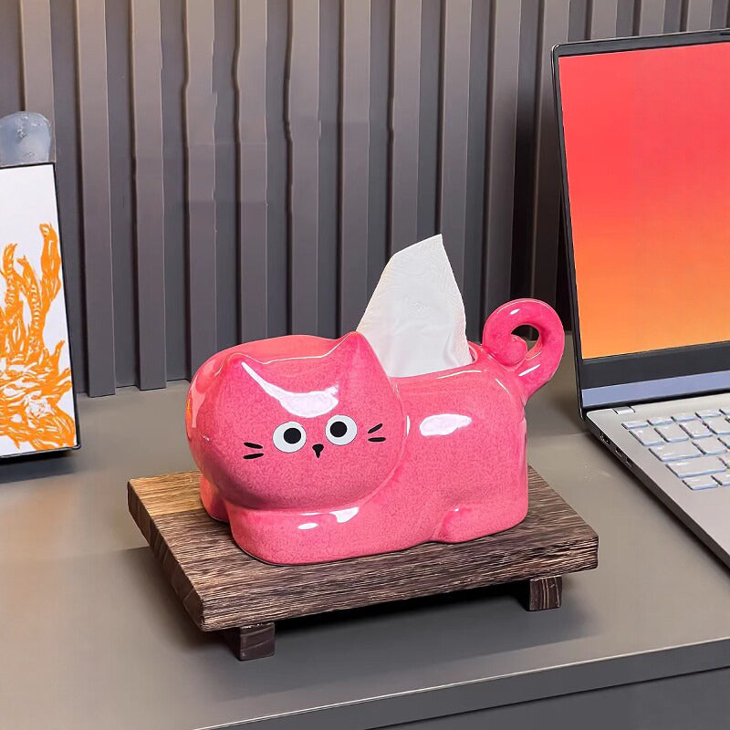 Cute Pink Cartoon Cat Ceramic Tissue Box Cover, Curly Glaze Kitty Napkin Dispenser, 3D Wavy Tail Cat Tissue Holder