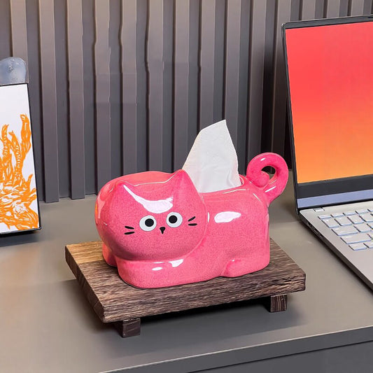 Cute Pink Cartoon Cat Ceramic Tissue Box Cover, Curly Glaze Kitty Napkin Dispenser, 3D Wavy Tail Cat Tissue Holder