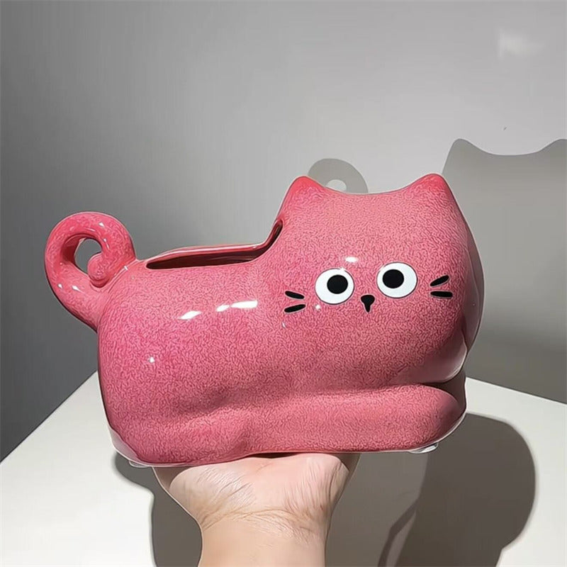 Cute Pink Cartoon Cat Ceramic Tissue Box Cover, Curly Glaze Kitty Napkin Dispenser, 3D Wavy Tail Cat Tissue Holder