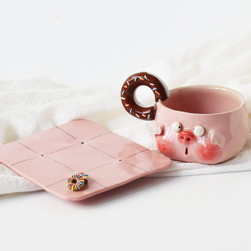 Cute Pink Pig Ceramic Mug with Donut Handle, Hand‑Sculpted Kawaii Coffee Tea Cup, Unique Novelty Gift