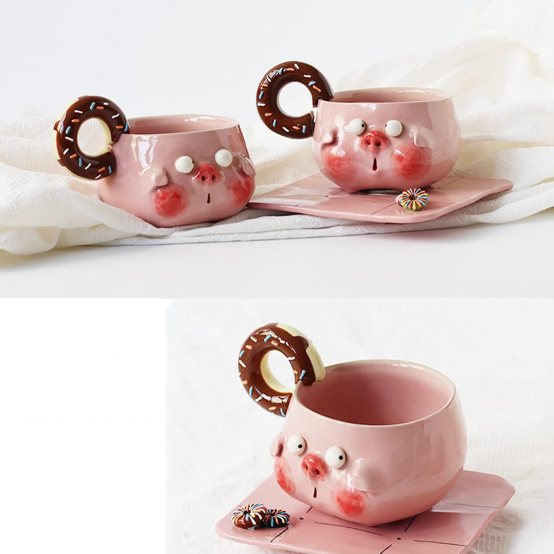 Cute Pink Pig Ceramic Mug with Donut Handle, Hand‑Sculpted Kawaii Coffee Tea Cup, Unique Novelty Gift