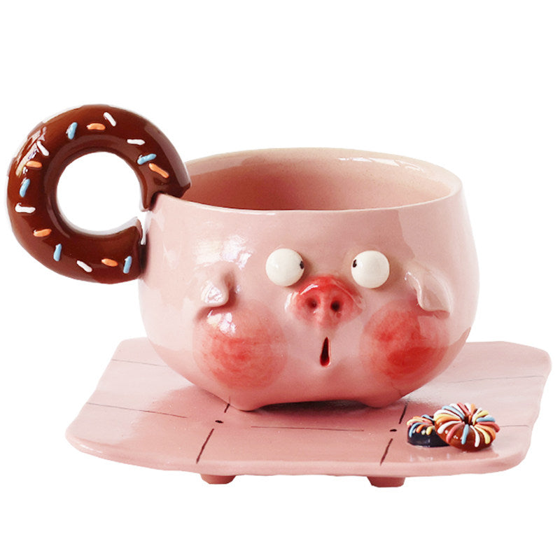 Cute Pink Pig Ceramic Mug with Donut Handle, Hand‑Sculpted Kawaii Coffee Tea Cup, Unique Novelty Gift