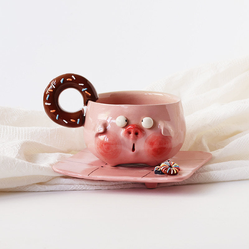 Cute Pink Pig Ceramic Mug with Donut Handle, Hand‑Sculpted Kawaii Coffee Tea Cup, Unique Novelty Gift