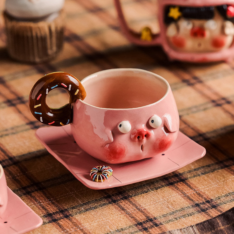 Cute Pink Pig Ceramic Mug with Donut Handle, Hand‑Sculpted Kawaii Coffee Tea Cup, Unique Novelty Gift