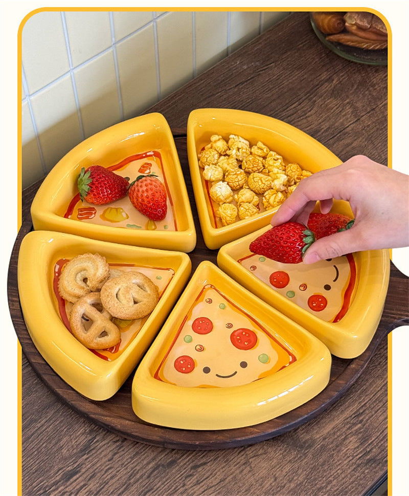 Cute Pizza Shaped Ceramic Divided Serving Tray 5-Piece Snack Platter Set for Party Home Decor